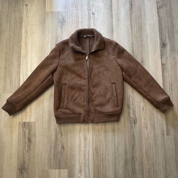 ZARA Men’s Brown Faux Fur Suede Fabric Jacket Sz Medium Regular Fit High Collar - Picture 1 of 8